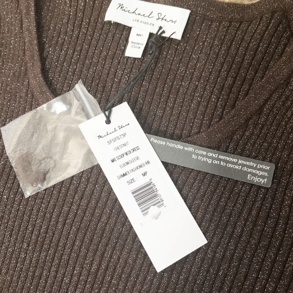 Michael Stars Mae Ribbed Sweater Dress New Bodycon Brown Shimmer Medium Petite - Picture 4 of 7